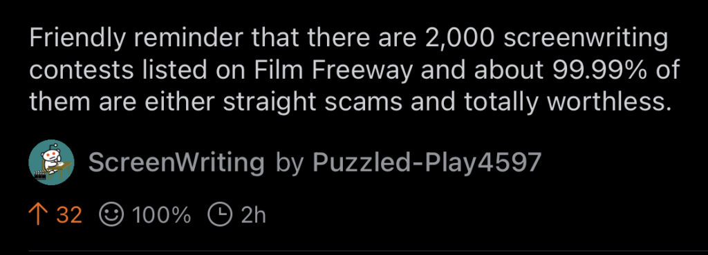 Screenshot of a Reddit post calling out screenwriting contests scams. 