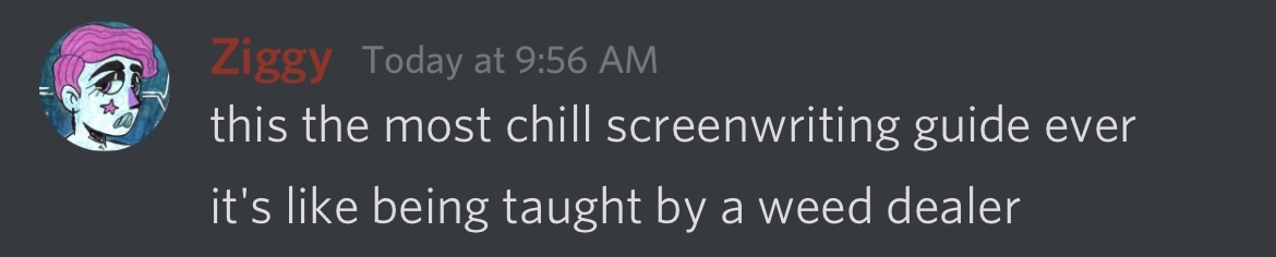 Accolades and Criticism: Ziggy says, "This is the most chill screenwriting guide ever. It's like being taught by a weed dealer."