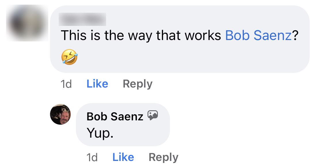 Bob Saenz says "yup" in a Facebook comment about ScreenwritingShit.com.